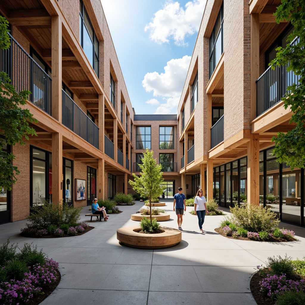 Prompt: Spacious high school courtyard, transitional style architecture, brick and stone fa\u00e7ade, large windows, wooden accents, natural light-filled hallways, open-air balconies, steel beams, industrial-chic lighting, polished concrete floors, vibrant student artwork, cozy reading nooks, comfortable seating areas, lush greenery, blooming flowers, sunny day, soft warm lighting, shallow depth of field, 3/4 composition, panoramic view, realistic textures, ambient occlusion.