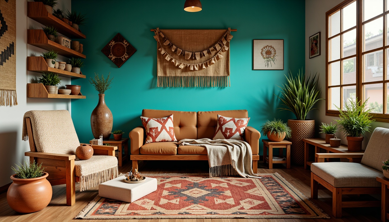 Prompt: Vibrant turquoise walls, woven Navajo-inspired rug, distressed wood furniture, earthy terracotta pots, eclectic mix of vintage and handmade crafts, plush throw blankets, woven baskets, natural fiber textiles, rustic wooden shelves, warm golden lighting, intimate cozy atmosphere, 3/4 composition, shallow depth of field, warm color palette.