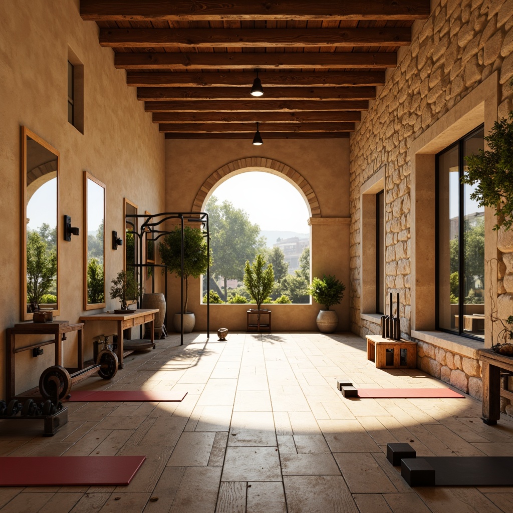 Prompt: Warm Mediterranean fitness studio, rustic wooden floors, earthy tone walls, natural stone accents, modern fitness equipment, free weights, yoga mats, mirrored walls, large windows, bright sunlight, soft warm lighting, shallow depth of field, 1/1 composition, realistic textures, ambient occlusion.