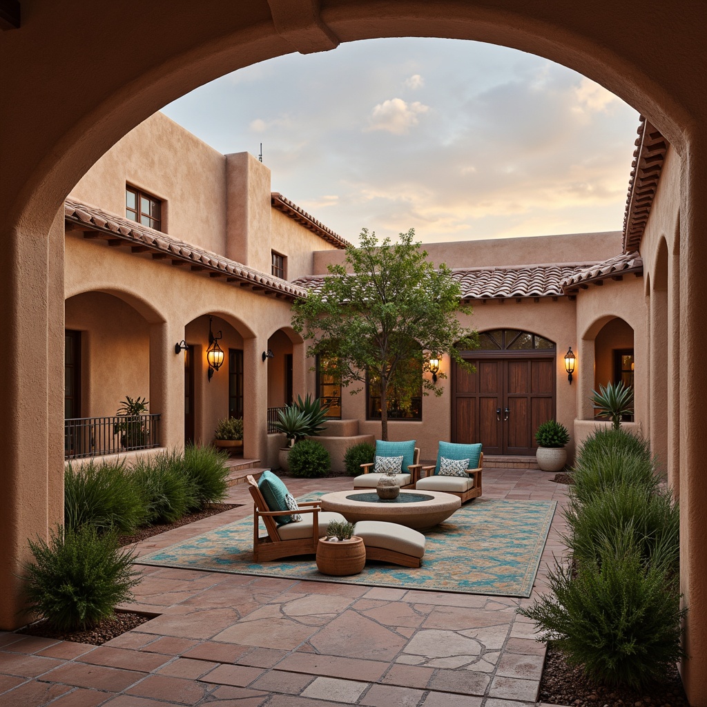 Prompt: Adobe earth tones, stucco walls, curved archways, ornate wooden doors, wrought iron fixtures, terracotta roof tiles, rustic stone columns, desert flora, vibrant turquoise accents, geometric patterned textiles, warm beige stonework, adobe brick details, carved wooden ornaments, Spanish-inspired architecture, hacienda-style courtyards, lush cactus gardens, dramatic sunset lighting, shallow depth of field, 1/2 composition, realistic textures, ambient occlusion.