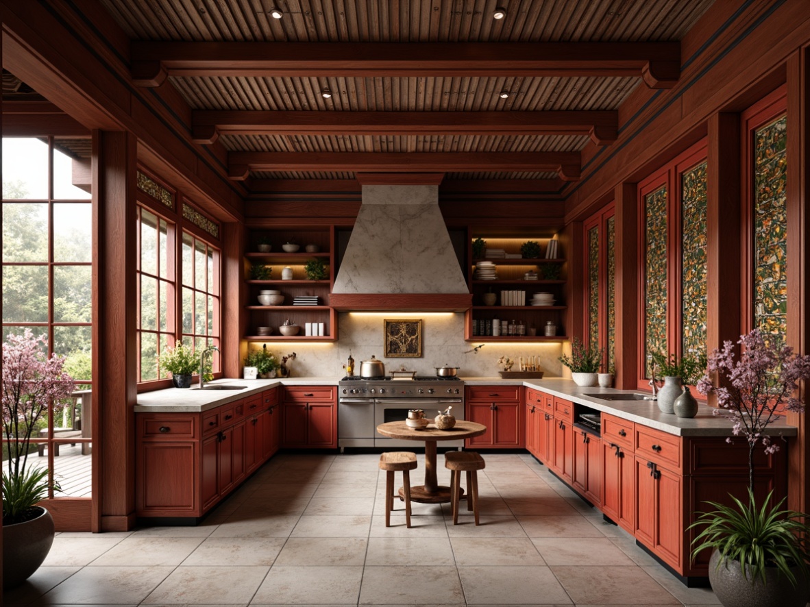 Prompt: Traditional Asian kitchen, ornate wooden cabinets, intricately carved doors, vibrant cultural patterns, bold red accents, natural stone countertops, stainless steel appliances, modern minimalist lighting, soft warm glow, shallow depth of field, 1/1 composition, realistic textures, ambient occlusion, lush greenery, potted plants, delicate cherry blossom branches, serene ambiance, subtle aromas, gentle steam rising, warm inviting atmosphere.