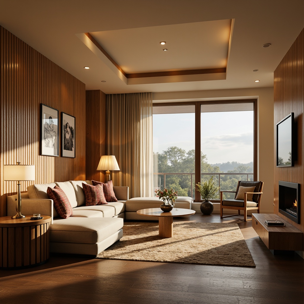 Prompt: Cozy living room, warm ambient lighting, table lamps, floor lamps, pendant lights, recessed lighting, soft white glow, warm beige walls, comfortable furniture, plush carpet, natural wood accents, large windows, sunny day, gentle warm illumination, shallow depth of field, 1/1 composition, realistic textures, ambient occlusion.