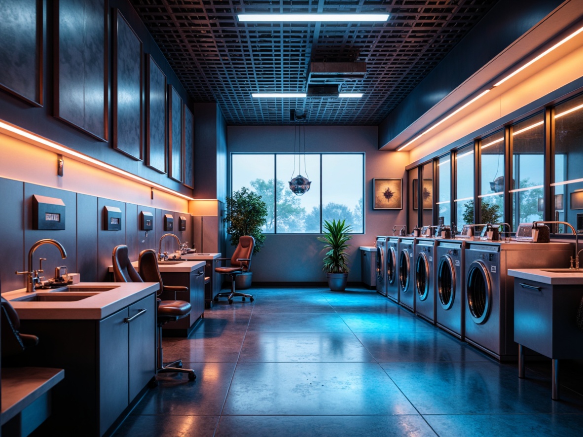 Prompt: Futuristic laundry room, sleek metal appliances, neon-lit countertops, futuristic faucets, minimalist design, high-tech washing machines, dryer units, stainless steel tables, modern ergonomic chairs, vibrant LED lighting, ambient occlusion, shallow depth of field, 3/4 composition, panoramic view, realistic textures, soft warm glow, industrial-chic flooring, metallic accents, space-age inspired decorations, retro-futuristic color scheme.