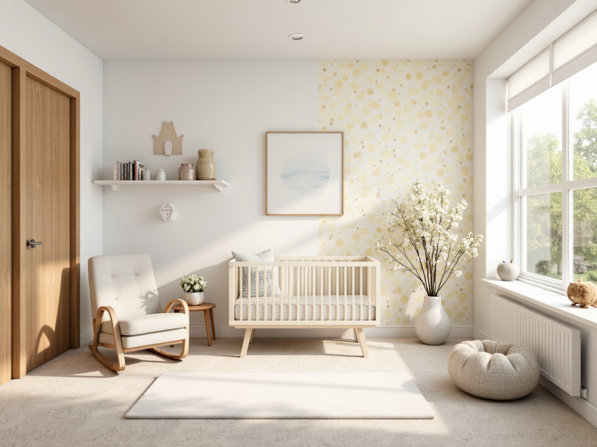 Prompt: Soft pastel hues, gentle nursery atmosphere, calming whites, creamy yellows, pale blues, muted greens, soothing pinks, natural wood tones, delicate florals, whimsical polka dots, subtle textures, warm beige accents, comfortable gliders, plush toys, cozy reading nooks, gentle lighting, soft focus, shallow depth of field, 1/1 composition, intimate setting, serene ambiance.