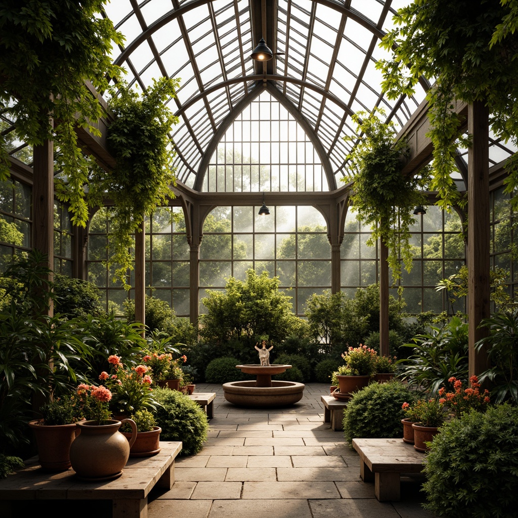 Prompt: Lush greenhouse interior, ornate Victorian-style architecture, delicate ironwork, intricate glass panels, warm soft lighting, natural ambient illumination, misty atmosphere, exotic tropical plants, vibrant floral arrangements, antique wooden benches, distressed metal accents, earthy terracotta pots, ornamental fountains, shallow depth of field, 1/1 composition, realistic textures, subtle lens flares, warm color palette.