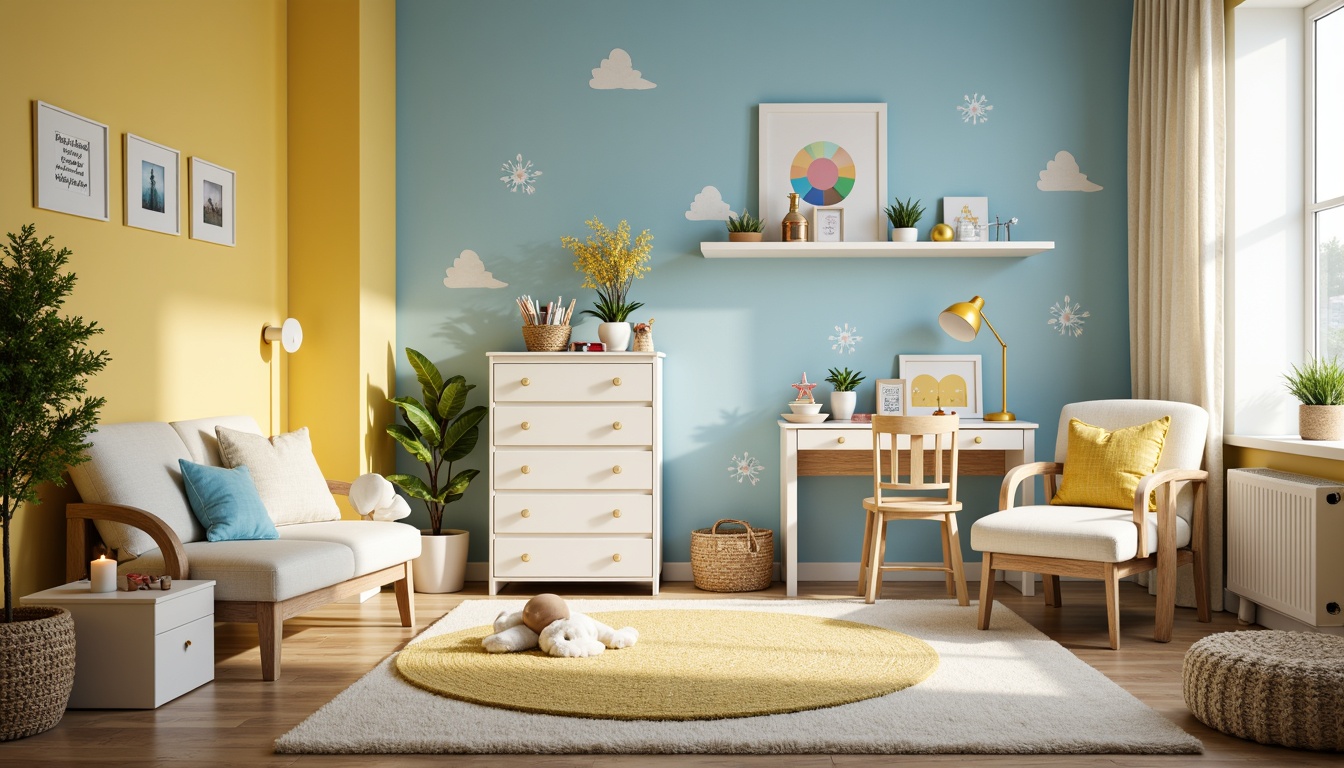 Prompt: Vibrant kids' bedroom, playful color scheme, soft pastel hues, calming blue accents, energetic yellow tones, creamy white furniture, whimsical wall decals, fantastical fairy lights, plush area rug, cozy reading nook, natural wood desk, creative art supplies, inspiring quotes, warm sunny day, gentle warm lighting, shallow depth of field, 1/1 composition, realistic textures, ambient occlusion.