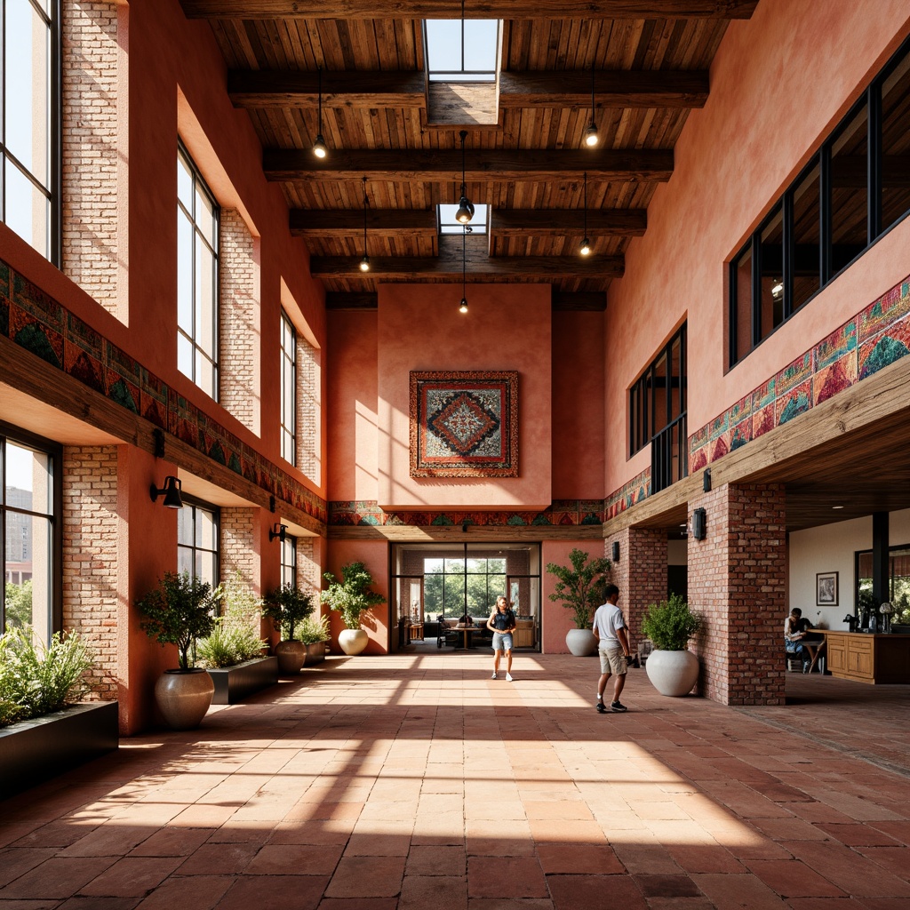 Prompt: Vibrant southwestern colors, rustic wood accents, exposed brick walls, high ceilings, large windows, clerestory lighting, natural daylight, warm LED lighting, metal lanterns, pendant lights, industrial-style fixtures, earthy tones, terracotta floors, woven textiles, bold geometric patterns, tribal-inspired murals, spacious open areas, functional training zones, modern fitness equipment, wooden beams, dramatic shadows, low-angle photography, realistic renderings.