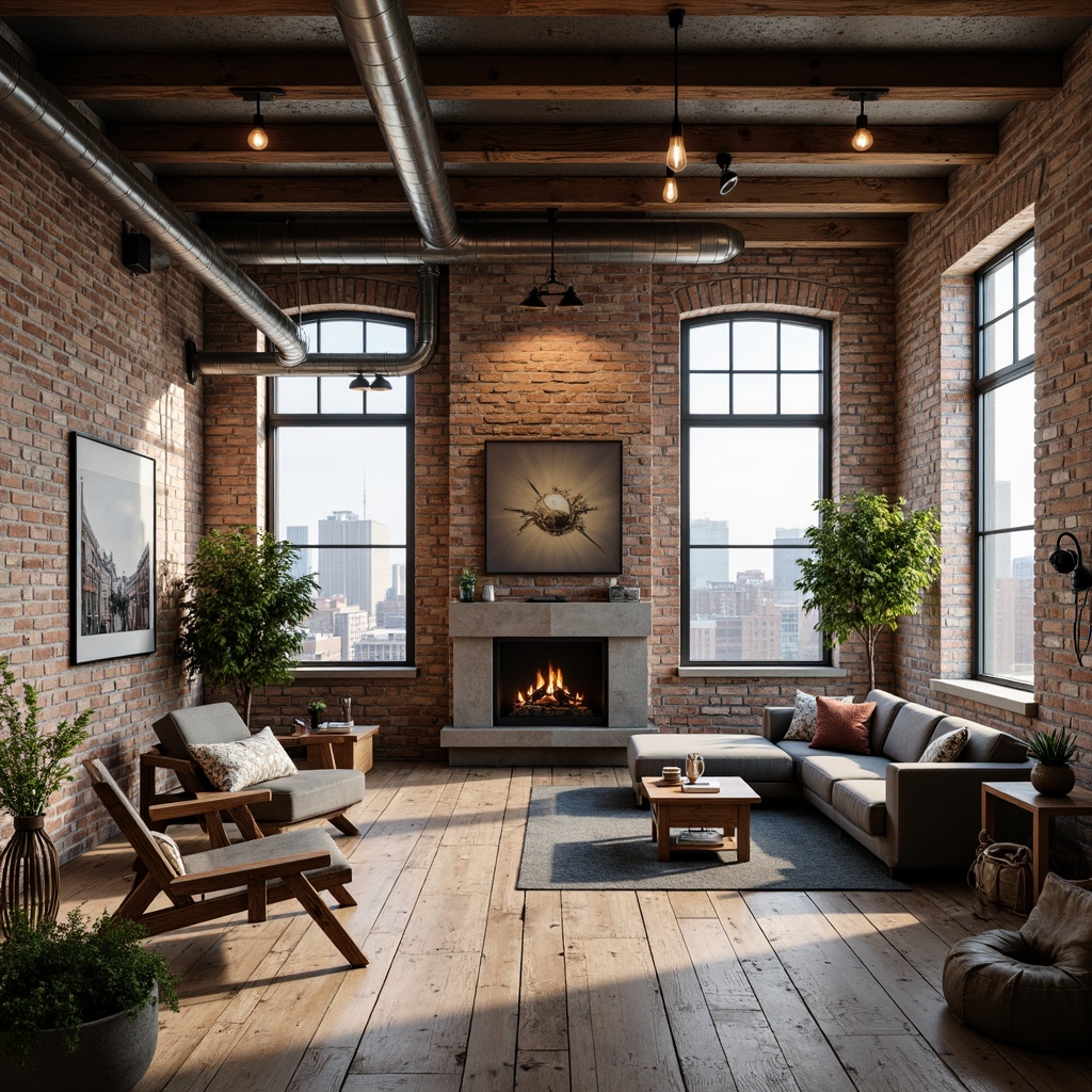 Prompt: Industrial chic loft, exposed brick walls, metal beams, reclaimed wood floors, Edison bulb lighting, urban cityscape views, neutral color palette, distressed finishes, rich textures, earthy tones, warm beige, cool grays, deep blues, industrial pipes, modern minimalist decor, functional furniture pieces, natural materials, airy open space, soft warm lighting, shallow depth of field, 3/4 composition, realistic textures, ambient occlusion.