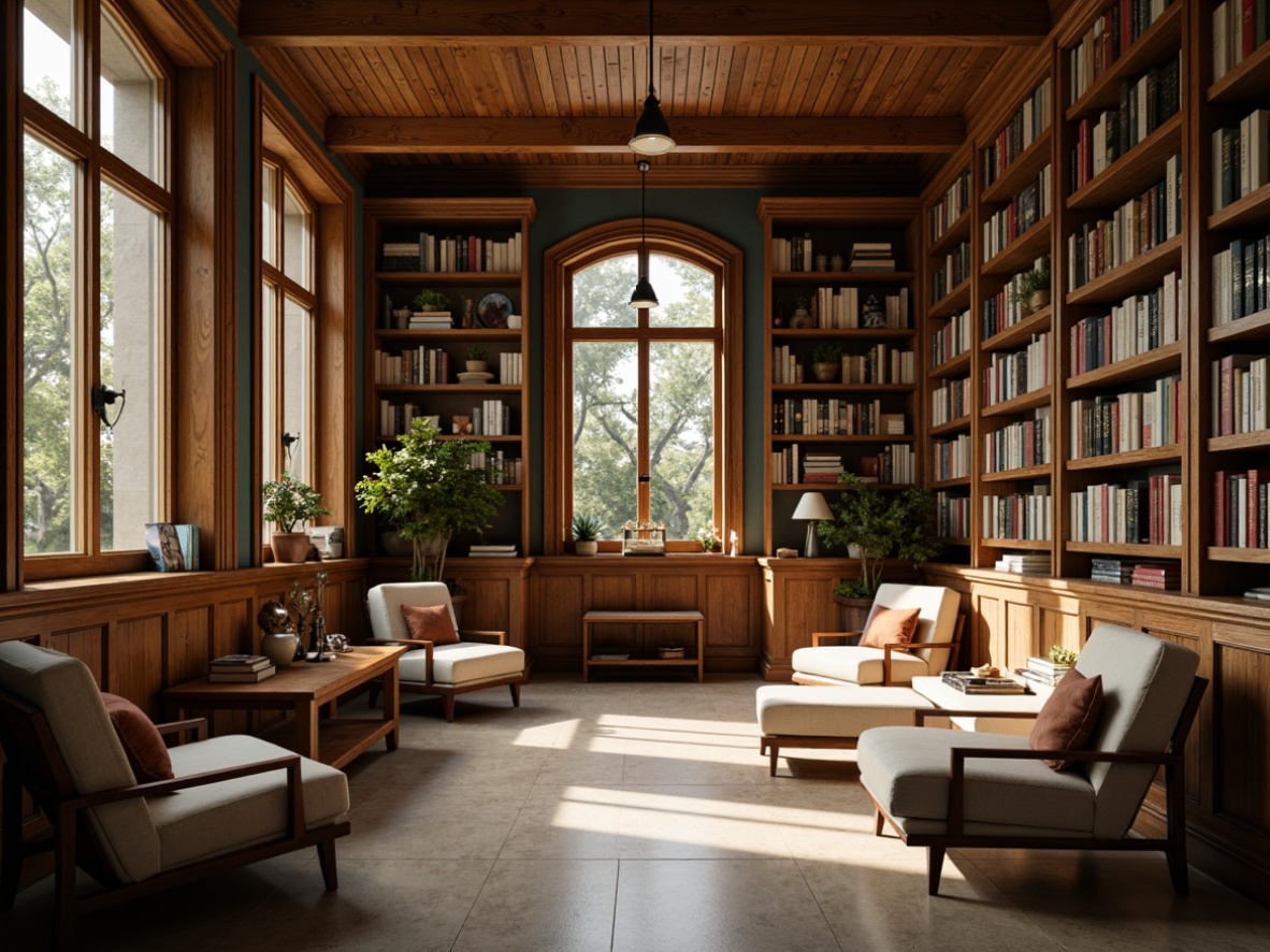 Prompt: Cozy library interior, warm wooden shelves, soft cushioned chairs, vintage books, rich leather-bound tomes, elegant reading lamps, earthy tone walls, creamy beige floors, tranquil atmosphere, natural light pouring in, subtle texture contrast, inviting color scheme, muted green accents, soothing blue undertones, golden yellow highlights, warm cream tones, rustic metal fixtures, ornate wooden details, classic architectural elements, soft focus, shallow depth of field, 2/3 composition, atmospheric lighting.