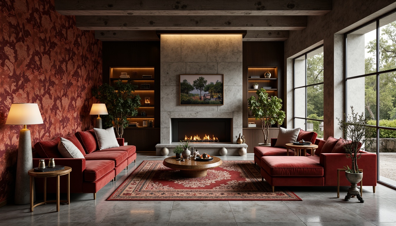 Prompt: Richly textured walls, luxurious velvet sofas, polished marble floors, ornate wooden furniture, plush area rugs, metallic accents, industrial concrete ceilings, reclaimed wood beams, natural stone fireplaces, cozy reading nooks, dramatic floor lamps, warm ambient lighting, shallow depth of field, 3/4 composition, realistic textures, ambient occlusion.