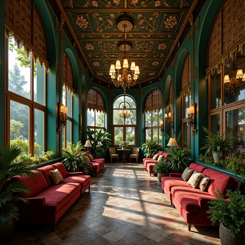 Prompt: Luxurious Art Nouveau interior, rich jewel-toned colors, emerald green walls, sapphire blue accents, amber yellow ornaments, crimson red velvet upholstery, golden brass fixtures, ornate floral patterns, organic shapes, flowing curves, natural materials, marble floors, wooden paneling, stained glass windows, soft warm lighting, shallow depth of field, 1/2 composition, intimate atmosphere, vintage elegance.