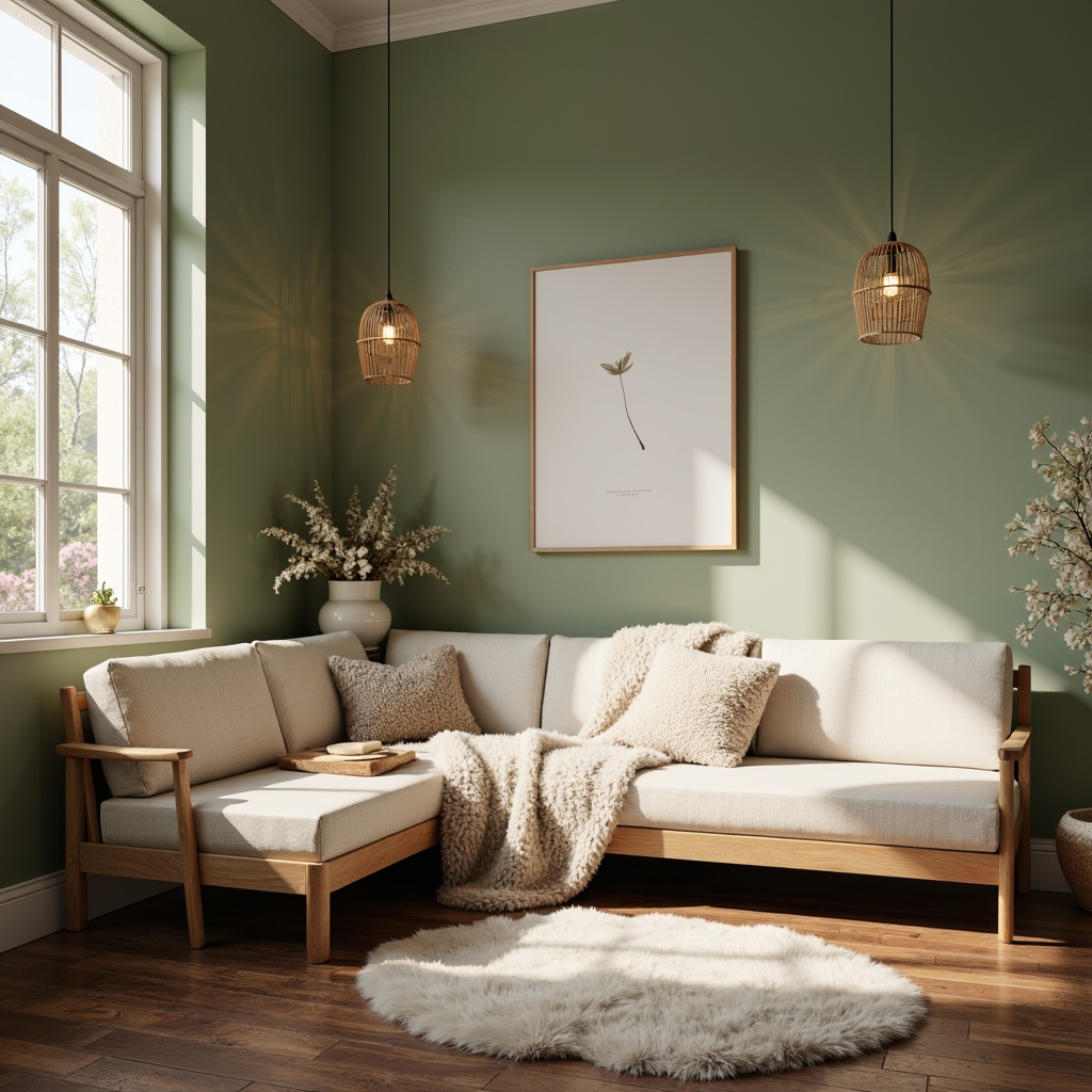 Prompt: Cozy modern nook, soft warm lighting, plush throw blankets, comfortable seating areas, natural wood accents, minimalist decor, calm color scheme, soothing earth tones, sage green walls, creamy white furniture, rich walnut wood flooring, subtle texture contrasts, soft pastel hues, gentle morning light, 3/4 composition, intimate atmosphere.