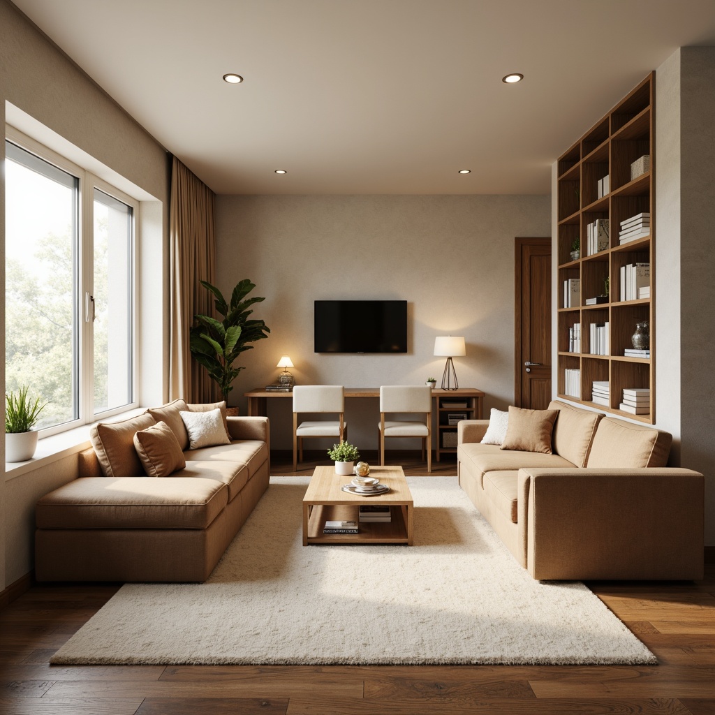 Prompt: Cozy living room, plush sofas, velvet armchairs, wooden coffee tables, minimalist decor, soft cream carpets, floor lamps, warm beige walls, comfortable seating arrangements, functional storage units, stylish side tables, ergonomic desk chairs, modern bookshelves, natural fiber rugs, calming color palette, subtle textures, shallow depth of field, 1/2 composition, softbox lighting, realistic furniture models.