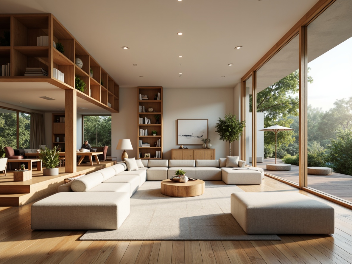 Prompt: Open-plan living space, minimalist decor, natural materials, wooden floors, floor-to-ceiling windows, sliding glass doors, seamless transitions, fluid circulation paths, comfortable seating areas, cozy reading nooks, built-in shelving units, subtle color palette, warm ambient lighting, soft textures, plush furnishings, greenery accents, airy atmosphere, sense of freedom, relaxed vibe, 1/1 composition, natural light pouring in, shallow depth of field.