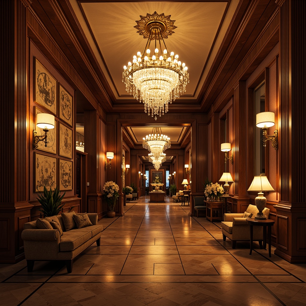 Prompt: Elegant hallway, ornate chandeliers, crystal droplets, luxurious fabrics, rich wood tones, intricate moldings, high ceilings, majestic archways, sophisticated sconces, refined floor lamps, opulent table lamps, subtle LED strips, warm golden lighting, soft shadows, dramatic focal points, 1/1 composition, realistic reflections, ambient occlusion.