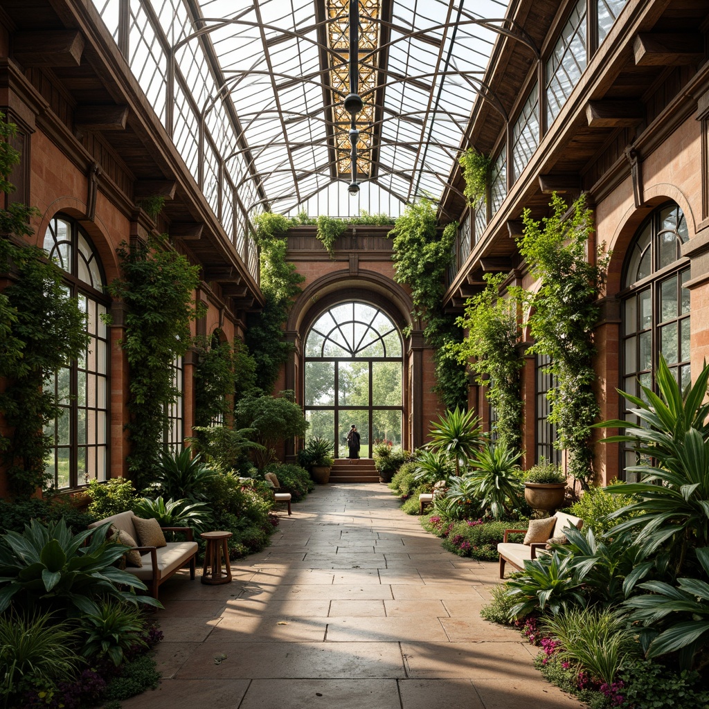 Prompt: \Ornate Victorian greenhouse interior, lush greenery, exotic plants, natural stone flooring, wooden trellises, intricate ironwork, stained glass ceilings, arched windows, ornamental metal vents, rustic wooden beams, earthy color palette, warm soft lighting, shallow depth of field, 1/2 composition, realistic textures, ambient occlusion, air circulation systems, climate control technologies, evaporative cooling systems, heat recovery ventilation systems, solar-powered ventilation solutions.\