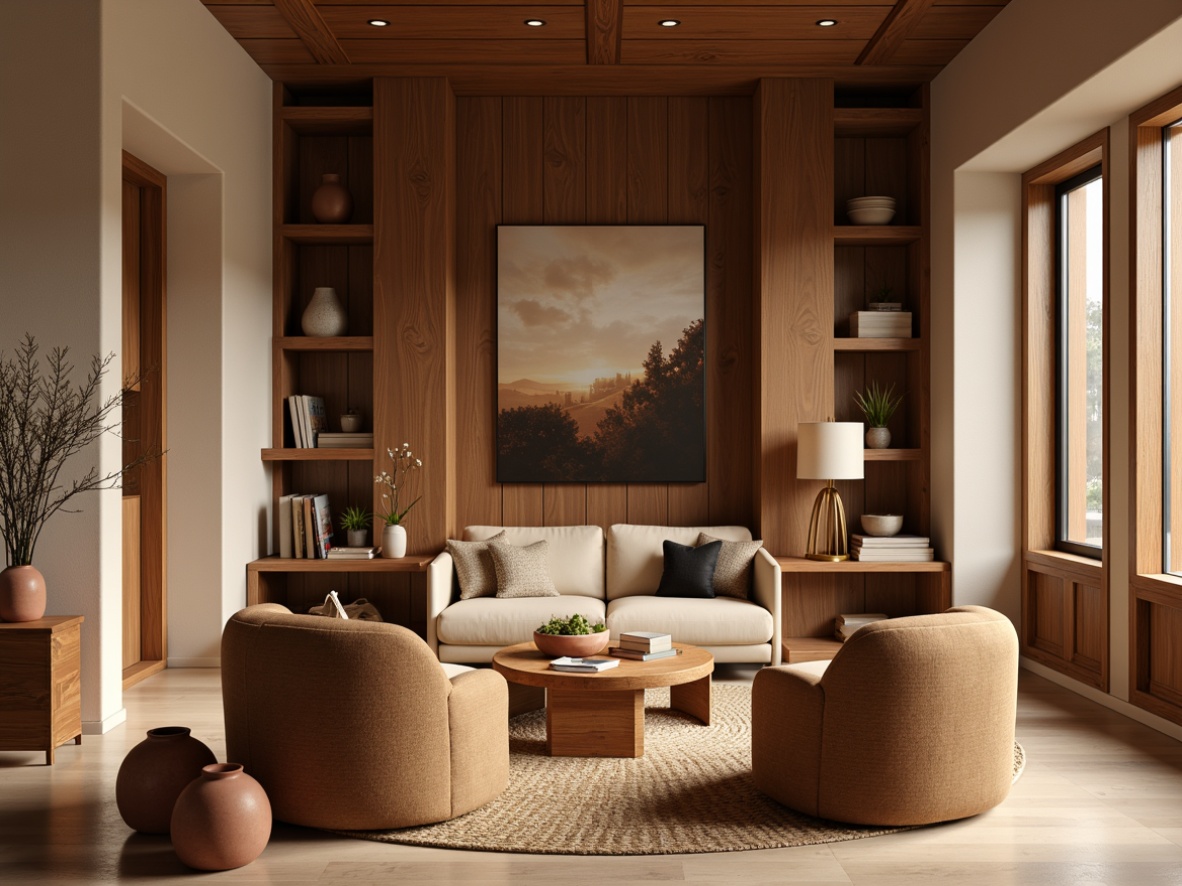 Prompt: Cozy reading nook, warm beige walls, rich walnut wood accents, plush velvet armchairs, soft cream-colored sofas, golden metal lamps, natural fiber rugs, earthy terracotta vases, modern minimalist decor, calming atmosphere, warm ambient lighting, shallow depth of field, 1/1 composition, realistic textures, subtle shadows.