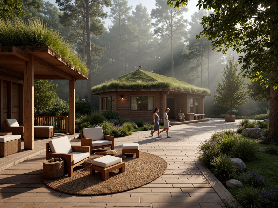 Prompt: Rustic wooden cabins, natural stone walls, earthy tones, woven rattan furniture, jute rugs, organic textiles, reclaimed wood accents, living green roofs, lush forest surroundings, misty morning atmosphere, soft diffused lighting, warm cozy ambiance, 1/2 composition, intimate scale, realistic wood grain textures, ambient occlusion.