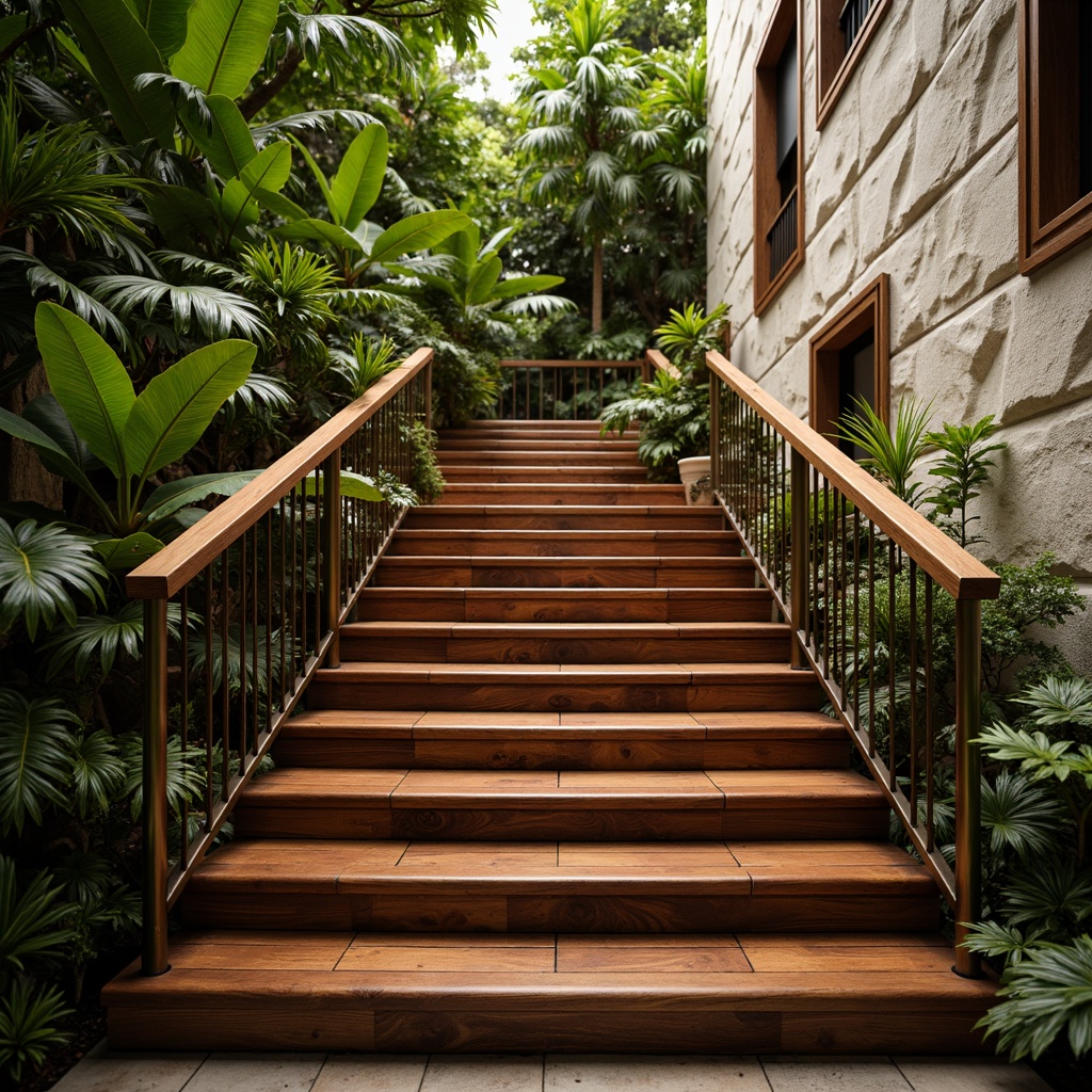 Prompt: Tropical staircase, exotic hardwood treads, polished bronze railings, lush greenery surroundings, natural stone walls, warm wooden handrails, ornate metal balusters, soft warm lighting, shallow depth of field, 3/4 composition, realistic textures, ambient occlusion.