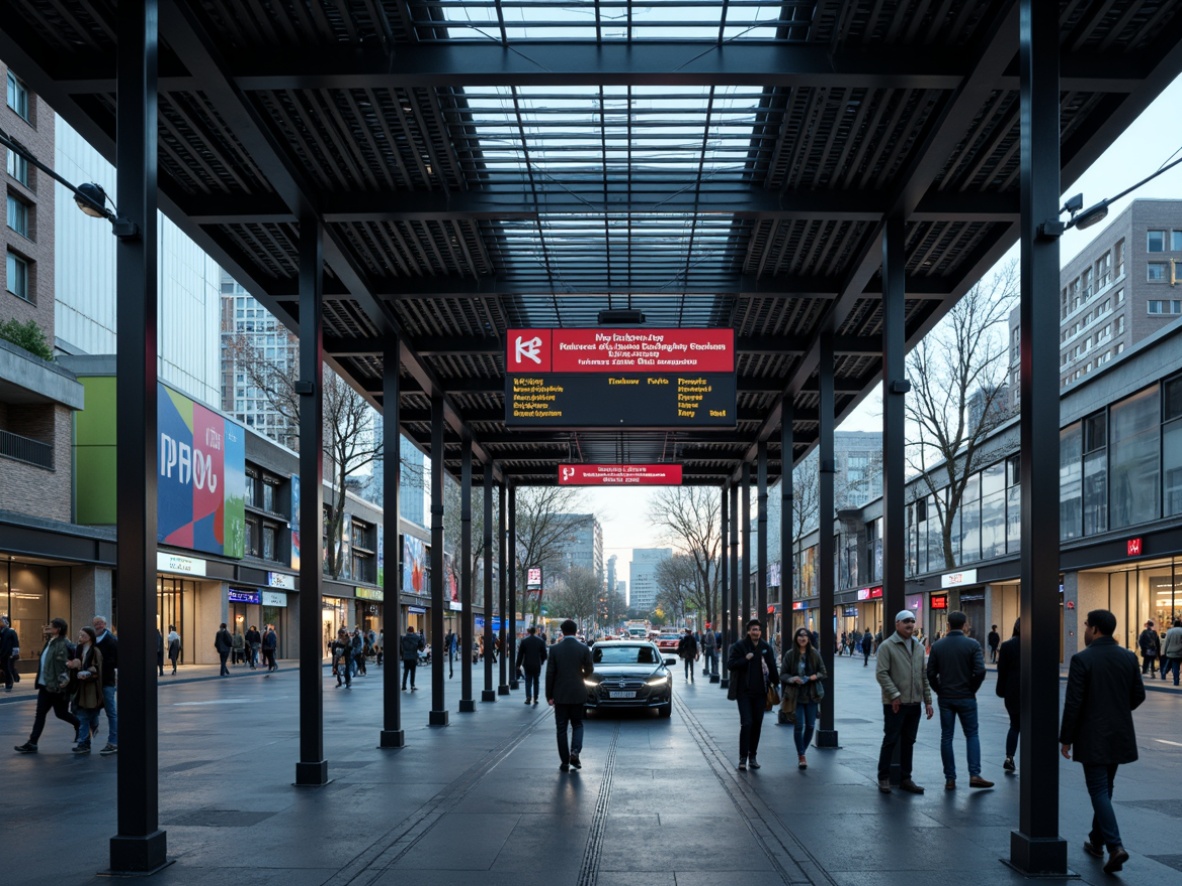 Prompt: Modern metro station, sleek glass facade, steel framework, vibrant LED signage, digital displays, wayfinding systems, clear typography, bold color schemes, urban cityscape, rush hour atmosphere, soft overhead lighting, shallow depth of field, 1/2 composition, realistic textures, ambient occlusion.