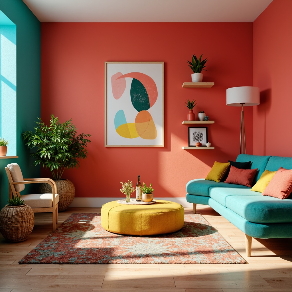 Prompt: Vibrant living room, bold color scheme, bright coral walls, turquoise accents, yellow ottoman, patterned rug, natural wood furniture, greenery decor, modern minimalist lighting, abstract artwork, eclectic decorative pieces, warm sunny day, soft focus effect, shallow depth of field, 1/1 composition, cinematic view, realistic textures, ambient occlusion.