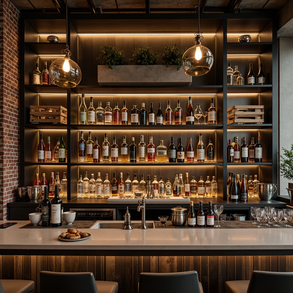 Prompt: Modern home bar, sleek glass shelves, rustic wooden crates, metallic accents, ambient lighting, bottle displays, wine storage, cocktail stations, geometric patterns, minimalist design, industrial-chic decor, reclaimed wood textures, urban loft atmosphere, sophisticated entertaining spaces, LED backlighting, 3/4 composition, shallow depth of field.