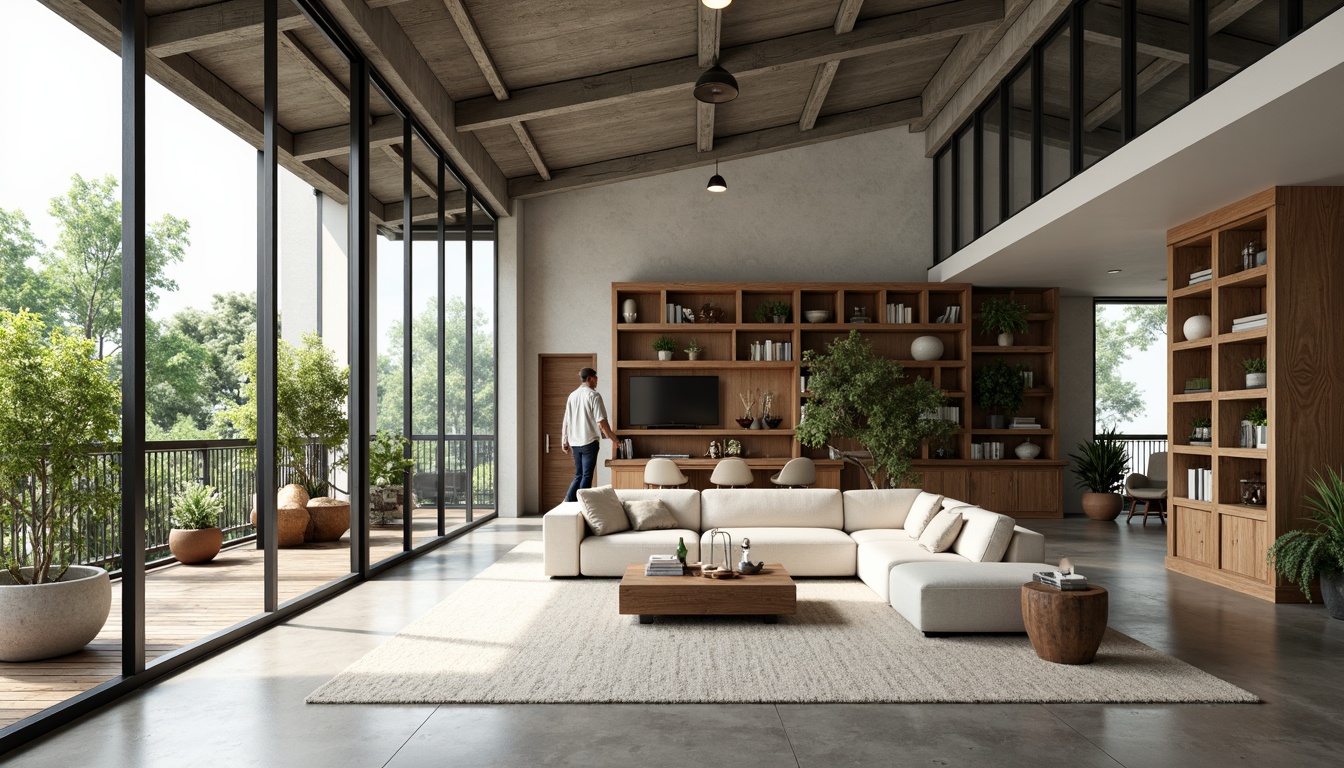 Prompt: Spacious open-plan living area, minimalist decor, sleek lines, polished concrete floors, floor-to-ceiling windows, sliding glass doors, natural light-filled interior, cozy reading nook, built-in shelving units, modern sectional sofas, industrial-chic lighting fixtures, reclaimed wood accents, urban loft-style atmosphere, airy feel, abundant greenery, lush plants, organic textiles, calming color palette, warm neutral tones, 1/1 composition, shallow depth of field, realistic rendering.