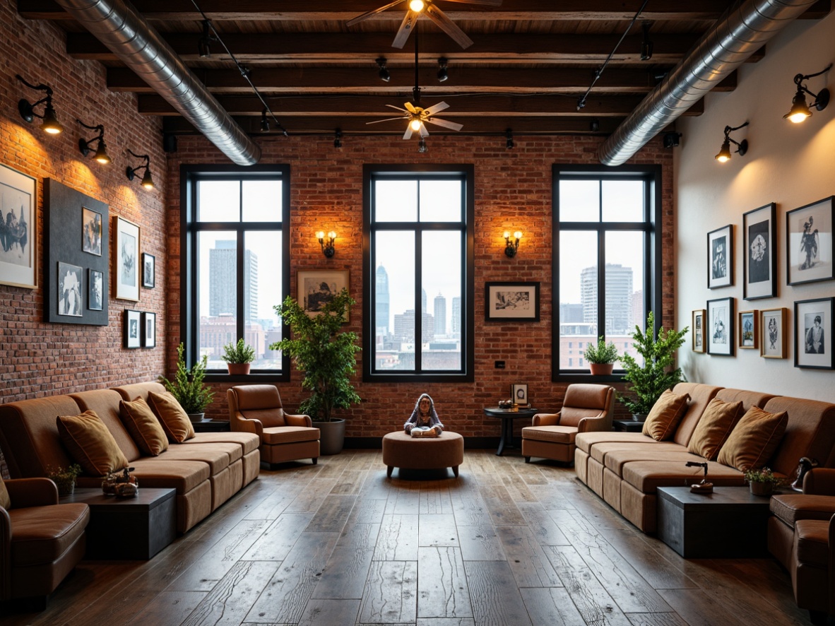 Prompt: Exposed brick walls, industrial metal beams, reclaimed wood accents, urban cityscape views, natural light pouring in through large windows, minimalist chic decor, earthy tone color palette, weathered concrete floors, distressed wooden planks, modern industrial lighting fixtures, eclectic artwork displays, cozy reading nooks, plush velvet sofas, rich leather armchairs, warm bronze metalwork, softbox lighting, shallow depth of field, 2/3 composition, atmospheric perspective, realistic textures, ambient occlusion.