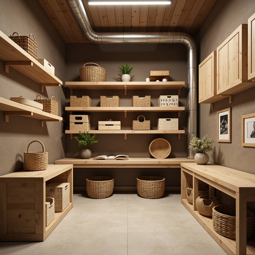 Prompt: Cozy storage room, earthy tone walls, warm beige shelves, rustic wooden crates, soft gray metallic accents, creamy white lighting, natural wood textures, woven basket storage, industrial-style pipes, modern minimalist decor, overhead lighting, subtle shadows, 1/1 composition, realistic renderings, ambient occlusion.