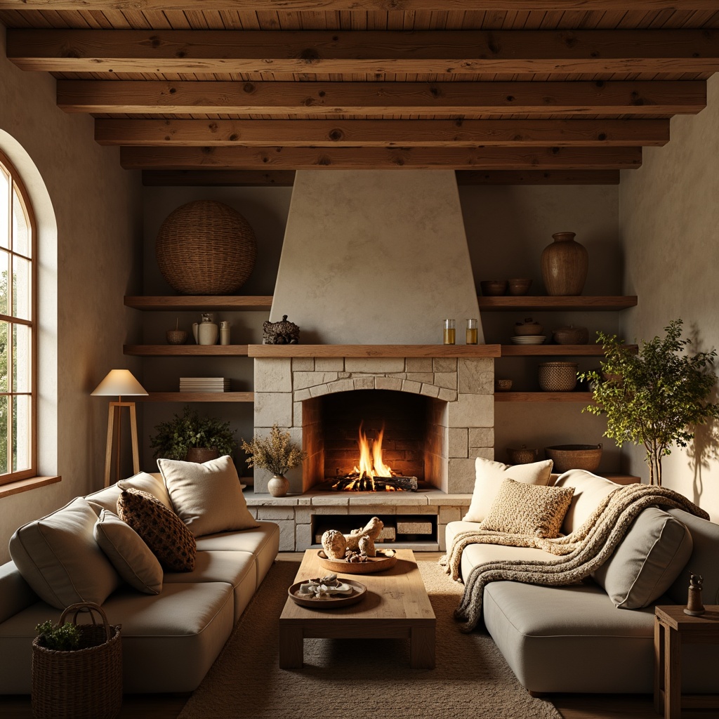 Prompt: Cozy living room, plush throw blankets, woven baskets, warm earthy tones, natural wood accents, soft velvet sofas, chunky knit pillows, rustic stone fireplace, crackling flames, warm golden lighting, shallow depth of field, 3/4 composition, inviting atmosphere, tactile sensations, organic textures, minimalist decor.