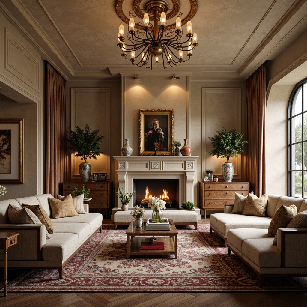 Prompt: Elegant living room, lavish furnishings, rich velvet fabrics, ornate gold frames, delicate porcelain vases, intricate patterned rugs, statement lighting fixtures, plush throw pillows, natural stone walls, warm beige colors, soft ambient glow, shallow depth of field, 1/1 composition, realistic textures, ambient occlusion.