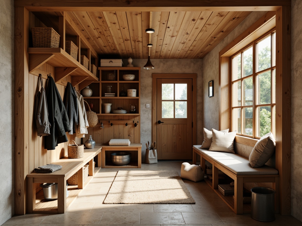 Prompt: Cozy mudroom, rustic wooden accents, natural stone flooring, built-in bench seating, woven baskets, hooks for jackets and bags, functional shelving units, industrial metal storage bins, woven textiles, warm earthy tones, soft overhead lighting, shallow depth of field, 1/1 composition, realistic wood textures, ambient occlusion.