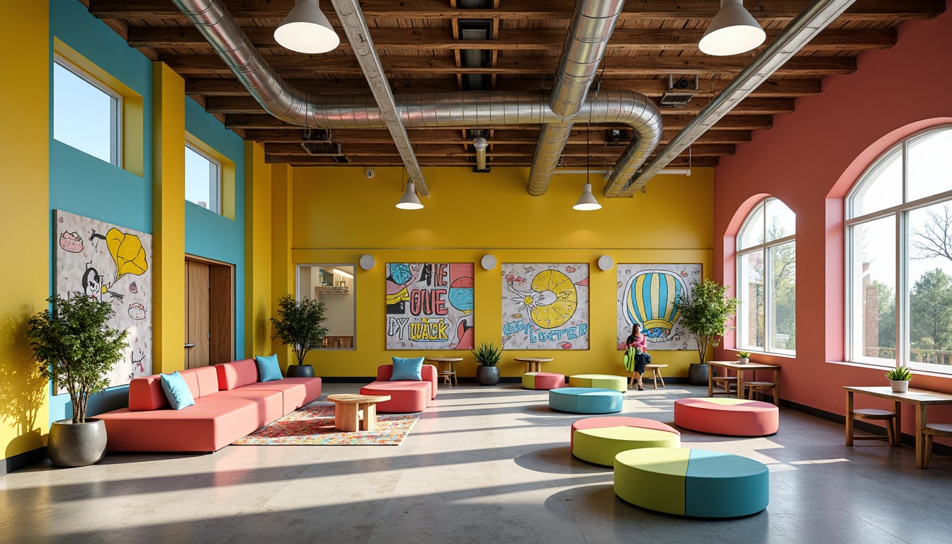 Prompt: Vibrant school building, eclectic style, bold color blocks, bright yellow walls, sky blue accents, lime green trim, coral pink furniture, natural wood tones, industrial metal beams, exposed ductwork, modern LED lighting, abstract geometric patterns, graffiti-inspired murals, playful typography, distressed textures, mixed media collages, whimsical illustrations, dynamic composition, shallow depth of field, 1/2 composition, warm sunny day, soft diffused lighting.