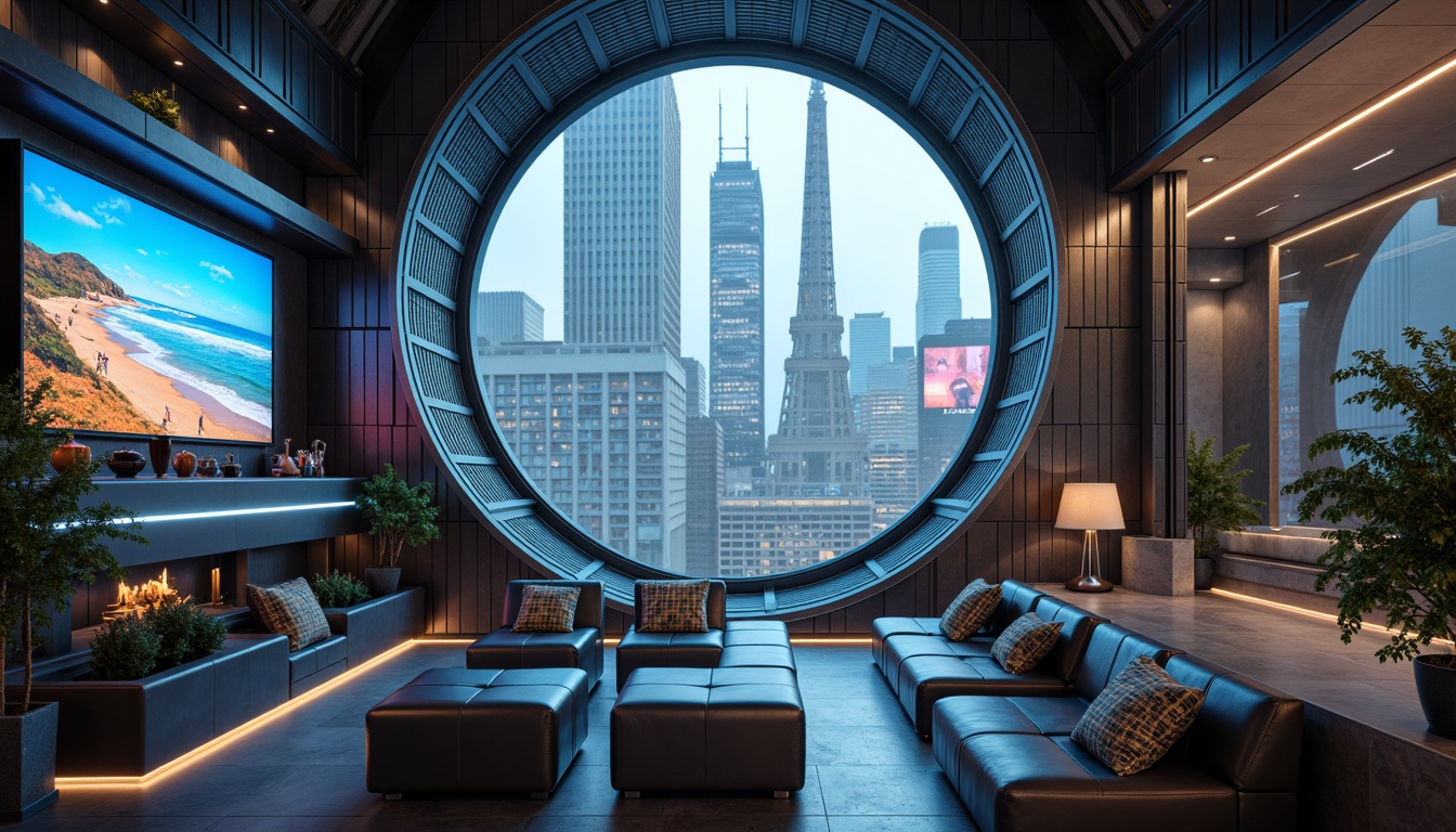 Prompt: Futuristic cityscape, sleek skyscrapers, metallic surfaces, neon lights, holographic advertisements, retro-futuristic decor, polished chrome accents, high-tech gadgetry, minimalist interior design, levitating furniture, ambient glow, misty atmospheric effects, shallow depth of field, 1/1 composition, cinematic lighting, photorealistic textures, advanced materials science.