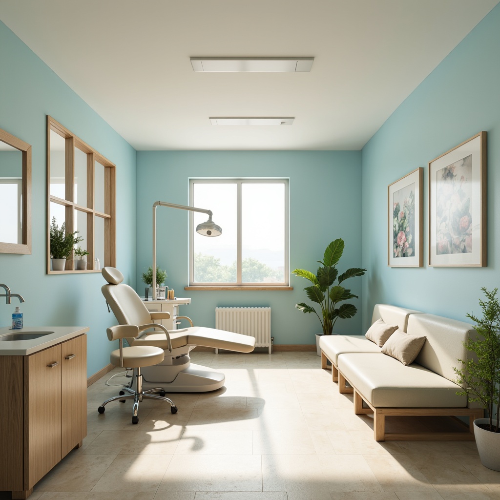 Prompt: Calming dental clinic atmosphere, soft pastel colors, pale blue walls, creamy white furniture, warm beige flooring, natural wood accents, gentle greenery, subtle chrome fixtures, minimalist decor, soothing ambient lighting, shallow depth of field, 1/2 composition, realistic textures, ambient occlusion.