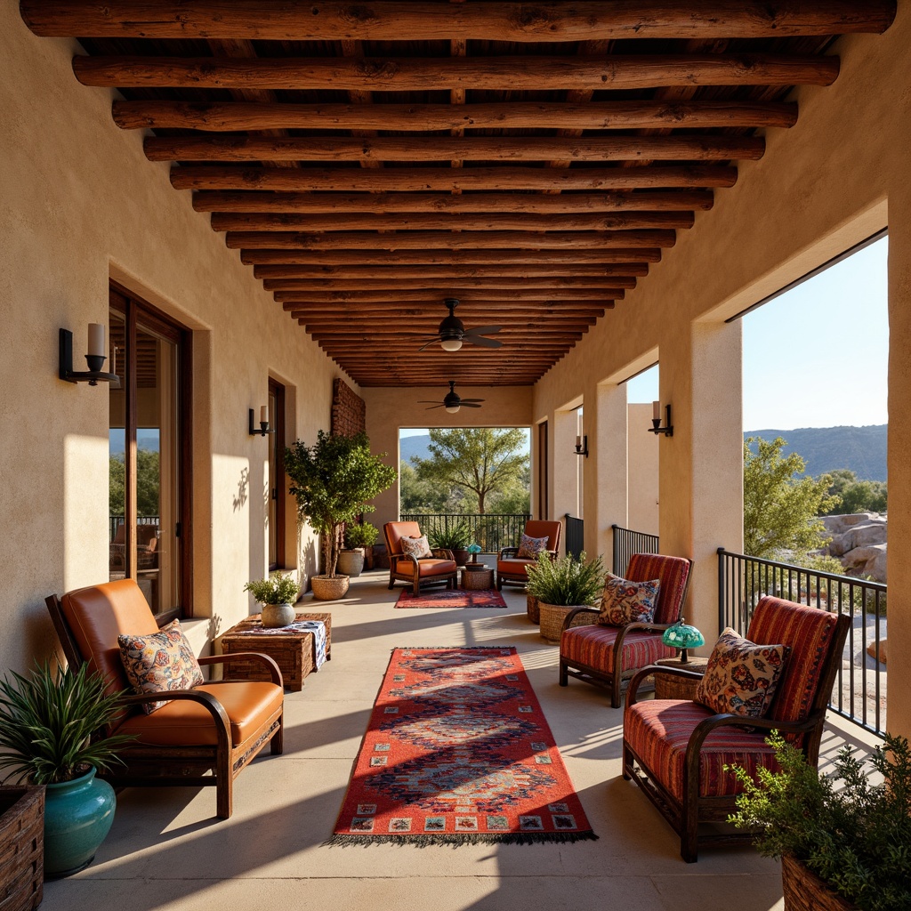 Prompt: Earthy-toned adobe walls, rustic wooden beams, vibrant turquoise accents, woven Navajo-inspired textiles, plush patterned rugs, geometric-shaped pottery, hand-carved wooden furniture, leather-bound armchairs, warm candle lighting, cacti-filled planters, desert landscape views, sandy-hued stone flooring, wrought iron fixtures, colorful serape blankets, intricately-patterned kilim pillows, soft warm glow, shallow depth of field, 3/4 composition, realistic textures, ambient occlusion.