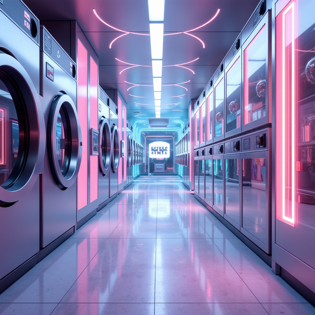 Prompt: Futuristic laundry facility, neon-lit corridors, gleaming metallic surfaces, iridescent color scheme, pastel hues, soft glowing accents, minimalist design, sleek lines, rounded edges, holographic displays, futuristic typography, ambient lighting, soft focus, shallow depth of field, 1/1 composition, panoramic view, realistic reflections, subtle gradient maps.