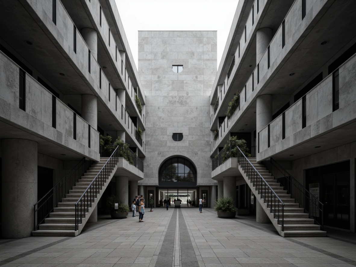 Prompt: Rigid courthouse facade, angular geometry, minimalist ornamentation, bold rectangular forms, cantilevered staircases, industrial metal railings, functionalist architecture, monochromatic color scheme, stark concrete textures, dramatic lighting effects, high-contrast shadows, abstract geometric patterns, asymmetrical compositions, 2-point perspective, low-angle shot, cinematic atmosphere, futuristic urban landscape.