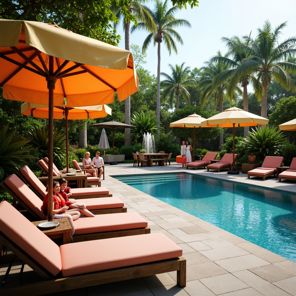 Prompt: Vibrant poolside lounge chairs, comfortable outdoor sofas, colorful umbrellas, rustic wooden tables, refreshing fountains, lush greenery, tropical palm trees, warm sunny day, soft gentle breeze, shallow depth of field, 3/4 composition, panoramic view, realistic textures, ambient occlusion.