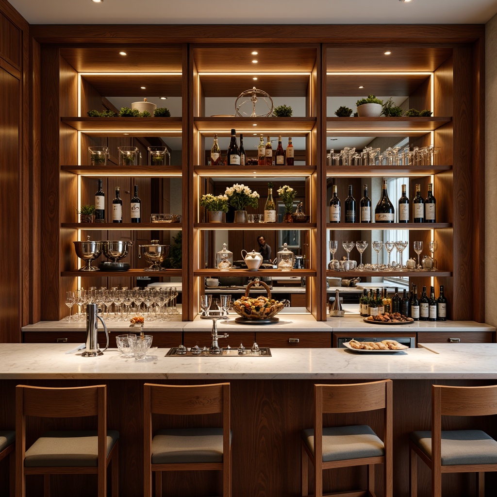 Prompt: Elegant home bar, polished wooden cabinetry, glass shelves, LED lighting, metallic accents, wine bottle storage, champagne bucket holders, cocktail shaker displays, spirits glassware, marble countertops, rich wood tones, dimmable ambient lighting, 1/2 composition, shallow depth of field, realistic reflections.