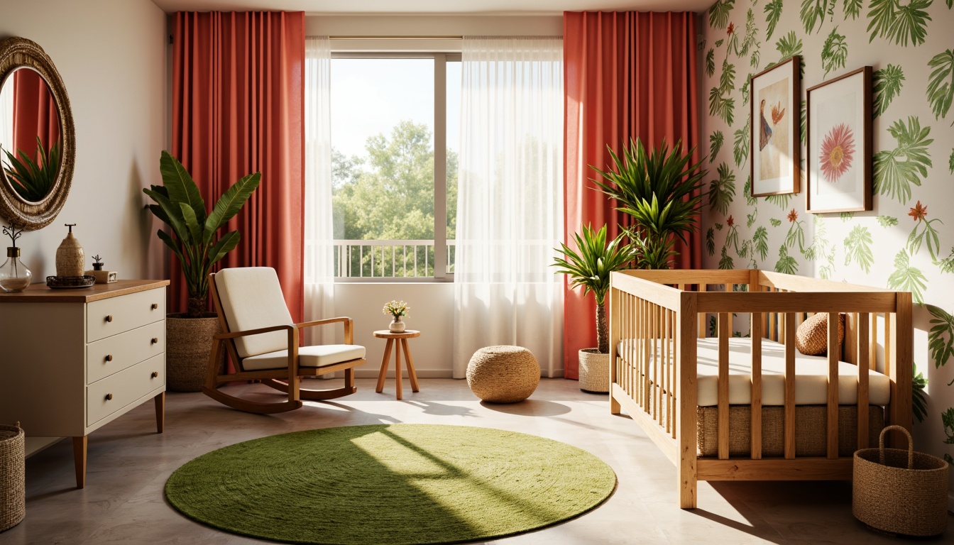 Prompt: Tropical baby room, natural wood crib, woven rattan changing table, plush green leaf-patterned rug, creamy white furniture, wicker rocking chair, palm tree-inspired mobile, bright coral-colored curtains, soft jungle-print bedding, exotic flower-adorned wallpaper, warm golden lighting, shallow depth of field, 1/1 composition, realistic textures, ambient occlusion.