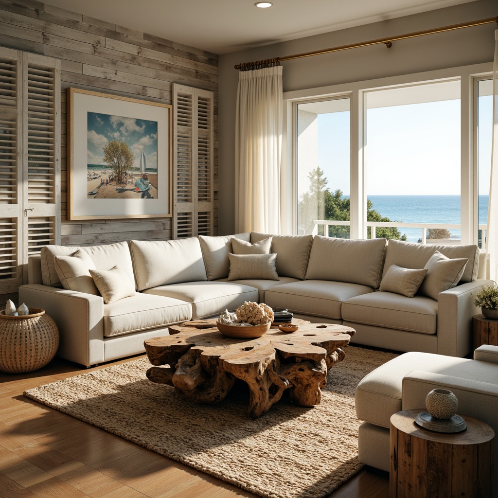 Prompt: Driftwood coffee table, plush sectional sofa, natural linen upholstery, woven jute rug, reclaimed wood accent wall, coral-inspired decorative accents, sea-glass vases, nautical-themed throw pillows, white wooden shutters, soft billowy curtains, ocean-blue painted walls, distressed wood furniture, seaside-inspired artwork, warm golden lighting, shallow depth of field, 1/1 composition, realistic textures, ambient occlusion.