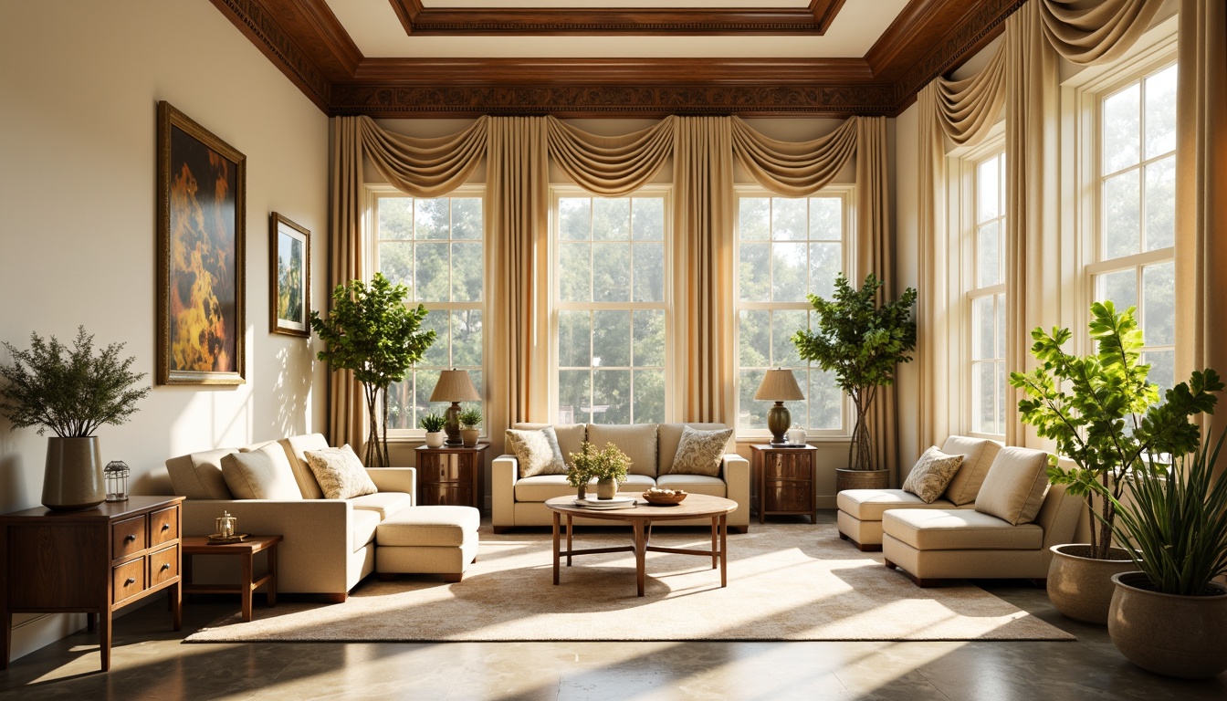 Prompt: Warm sunroom, classicism style, soft cream walls, rich wooden accents, elegant crown molding, ornate furniture, lavish drapery, subtle floral patterns, calming beige tones, soothing sage greens, warm golden lighting, gentle natural textures, refined velvet fabrics, sophisticated marble surfaces, ornamental accessories, serene atmosphere, shallow depth of field, 1/1 composition, realistic reflections, ambient occlusion.