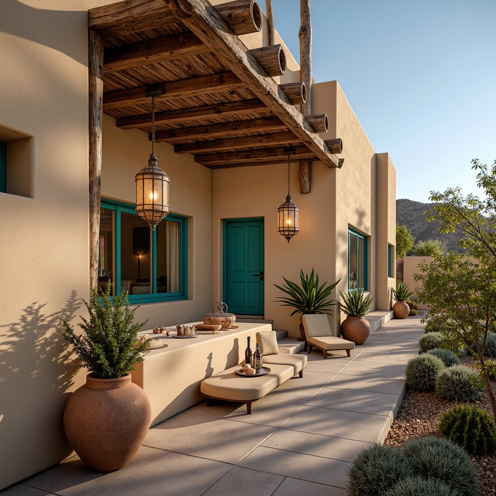 Prompt: Southwestern adobe architecture, warm beige stucco walls, rustic wooden beams, vibrant turquoise accents, ornate wrought iron fixtures, lantern-style lighting, pendant lamps, candles, natural linen shades, earthy terracotta pots, lush greenery, cacti plants, desert landscape, clear blue sky, sunny day, soft warm glow, ambient occlusion, realistic textures, 3/4 composition, shallow depth of field.