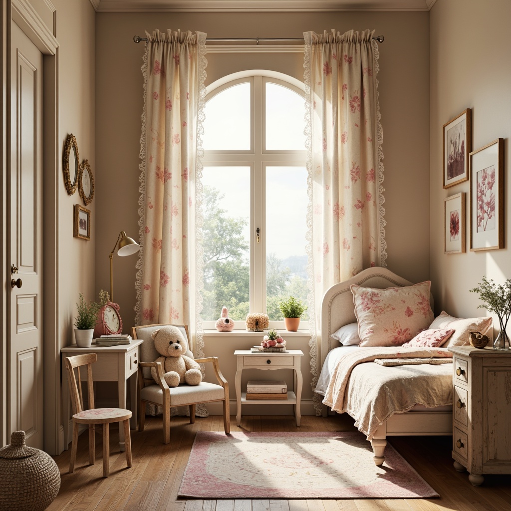 Prompt: Whimsical kid's room, soft pastel colors, distressed wood furniture, vintage-inspired decor, floral patterns, ruffled curtains, lace trimmings, velvet fabrics, plush toys, stuffed animals, cozy reading nook, natural light, warm beige walls, creamy white accents, antique wooden doors, ornate metal hardware, feminine touches, delicate embroidery, romantic ambiance, 1/1 composition, soft focus, gentle warm lighting.