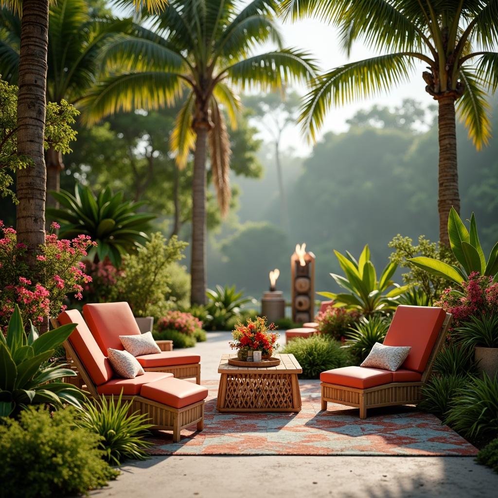 Prompt: Vibrant tropical flowers, lush green foliage, exotic palm trees, colorful tiki torches, woven rattan furniture, natural bamboo accents, warm sandy textures, ocean-inspired color palette, seaside driftwood decorations, shell wind chimes, tropical leaf patterns, bright floral arrangements, sunny warm lighting, soft focus blur, 1/1 composition, relaxed shallow depth of field, dreamy atmospheric effects.