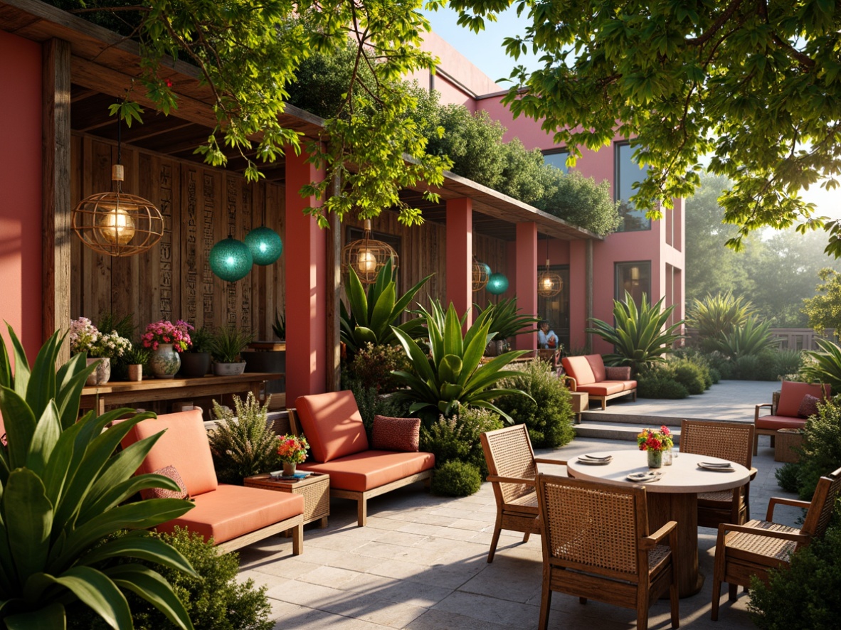 Prompt: Vibrant tropical restaurant, lush greenery, exotic flowers, reclaimed wood accents, colorful tiki torches, woven rattan furniture, natural fiber textiles, bold geometric patterns, bright coral walls, turquoise glass decorations, sunny outdoor spaces, misty atmospheric lighting, shallow depth of field, 1/1 composition, wide-angle lens, realistic textures, ambient occlusion.