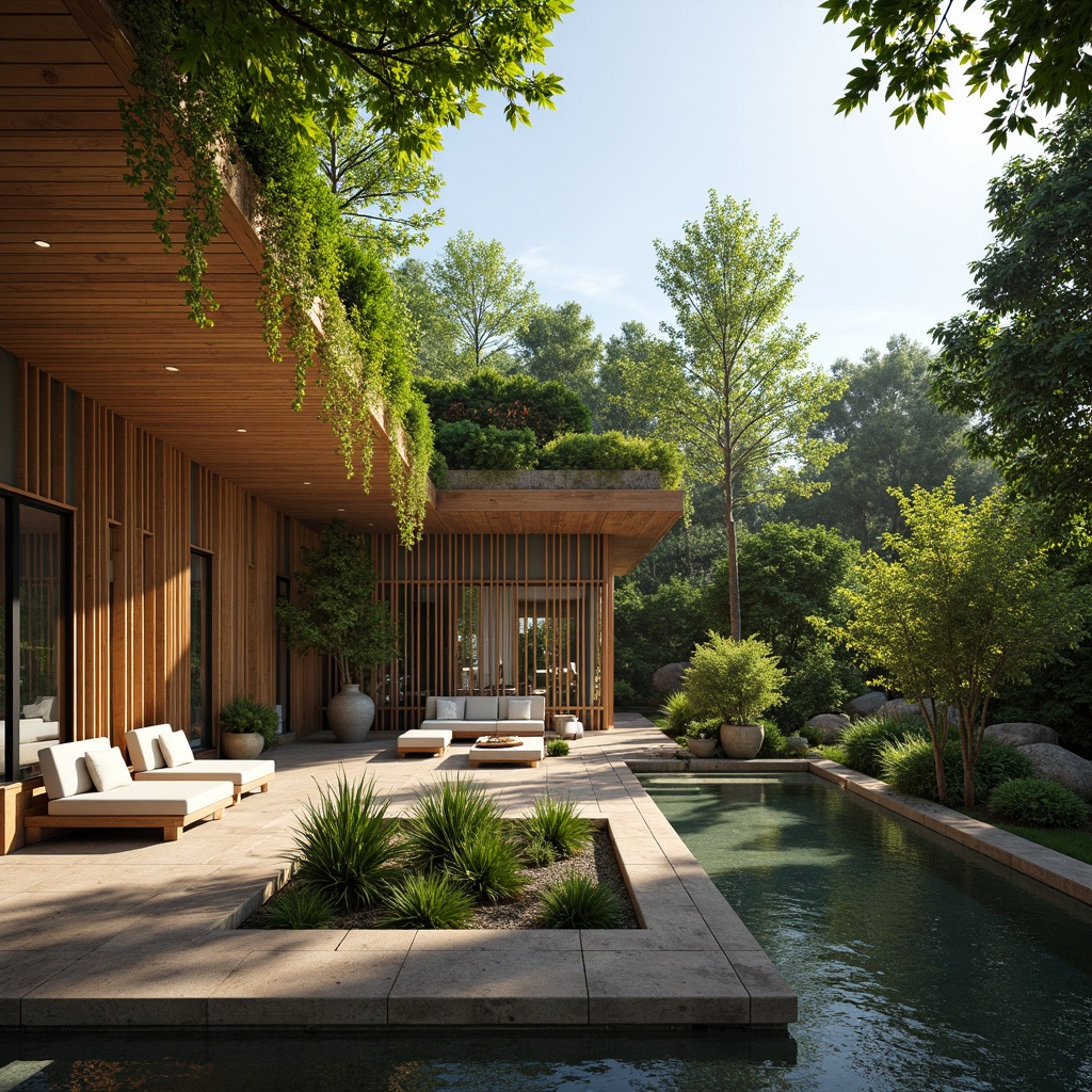 Prompt: Eco-friendly residence, reclaimed wood accents, bamboo flooring, natural stone walls, living green roofs, organic gardens, lush vegetation, calming water features, sustainable building materials, energy-efficient systems, abundant natural light, soft warm ambiance, shallow depth of field, 1/1 composition, realistic textures, ambient occlusion.