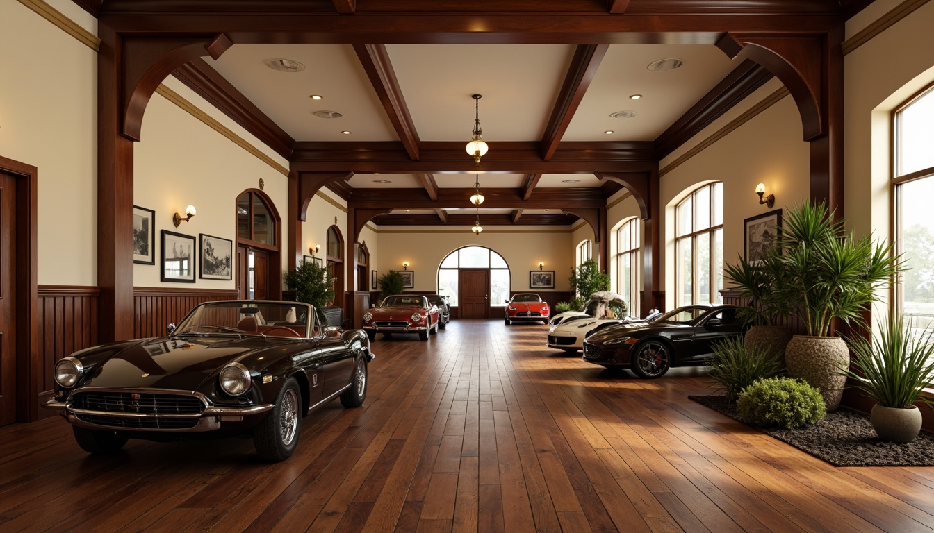 Prompt: Elegant garage interior, classicism style, sophisticated ambiance, dark hardwood flooring, rich wood grains, high-gloss finish, ornate details, vintage car displays, polished metal accents, warm beige walls, soft cream lighting, subtle shadows, 1/1 composition, realistic textures, ambient occlusion.