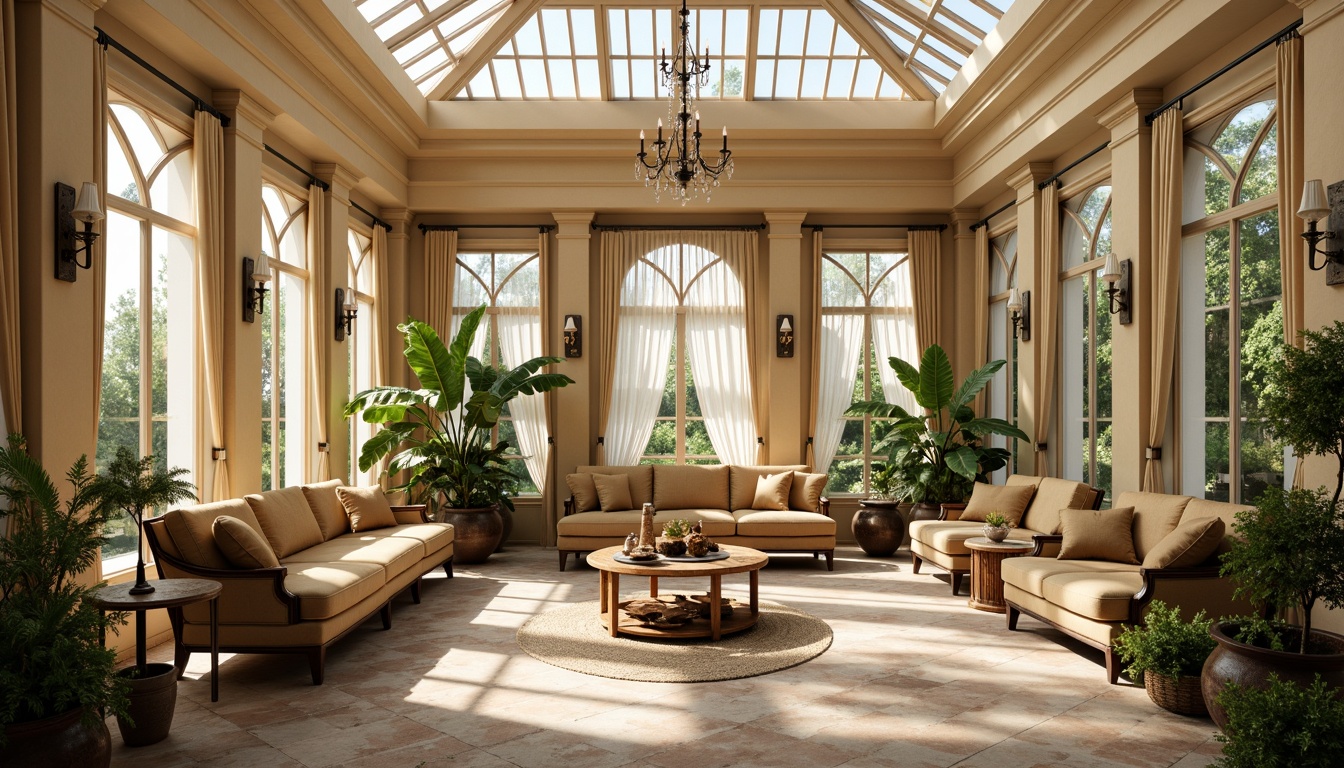 Prompt: Sun-kissed sunroom, classicism style, warm beige walls, creamy white columns, ornate wooden accents, lavish greenery, exotic plants, natural stone flooring, elegant chandeliers, soft diffused light, clerestory windows, skylights, sheer curtains, plush velvet sofas, rustic wooden furniture, vintage bronze hardware, distressed leather armchairs, subtle warm color palette, gentle morning light, ambient shadows, 1/1 composition, realistic textures, soft focus blur.